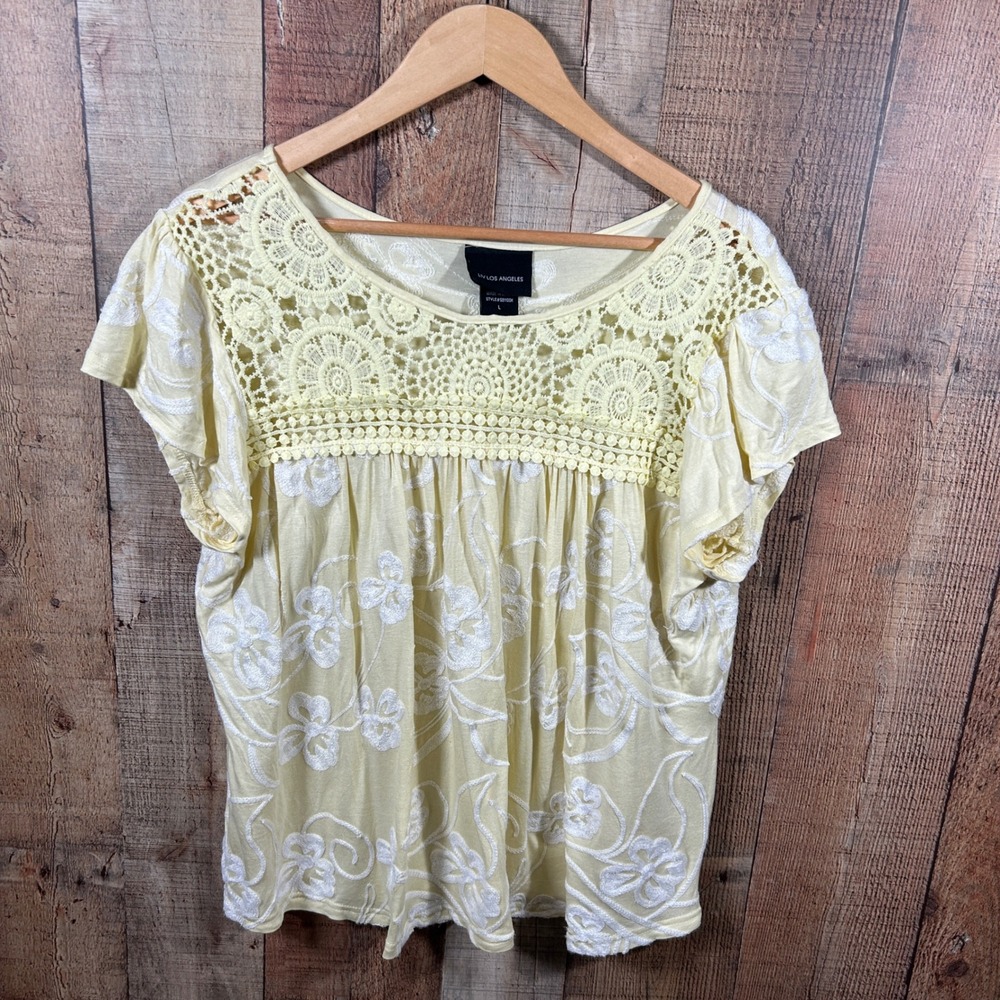 LIV Los Angeles Boho Lace Crochet Top Yellow Embroidered  Large Feminine Boho
